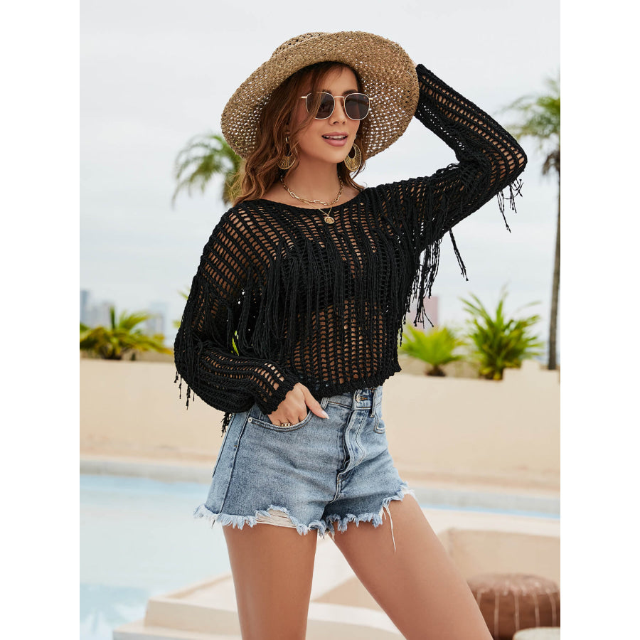 Fringe Trim Openwork Long Sleeve Cover-Up