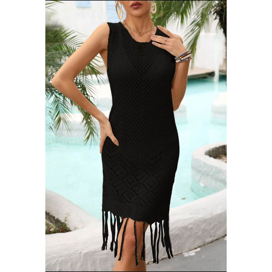 Fringe Trim Sleeveless Openwork Cover-Up Dress