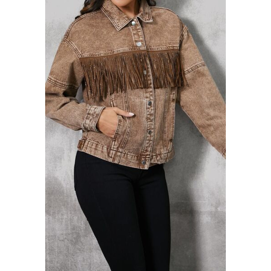 Fringe Trim Snap Down Denim Jacket Clothing