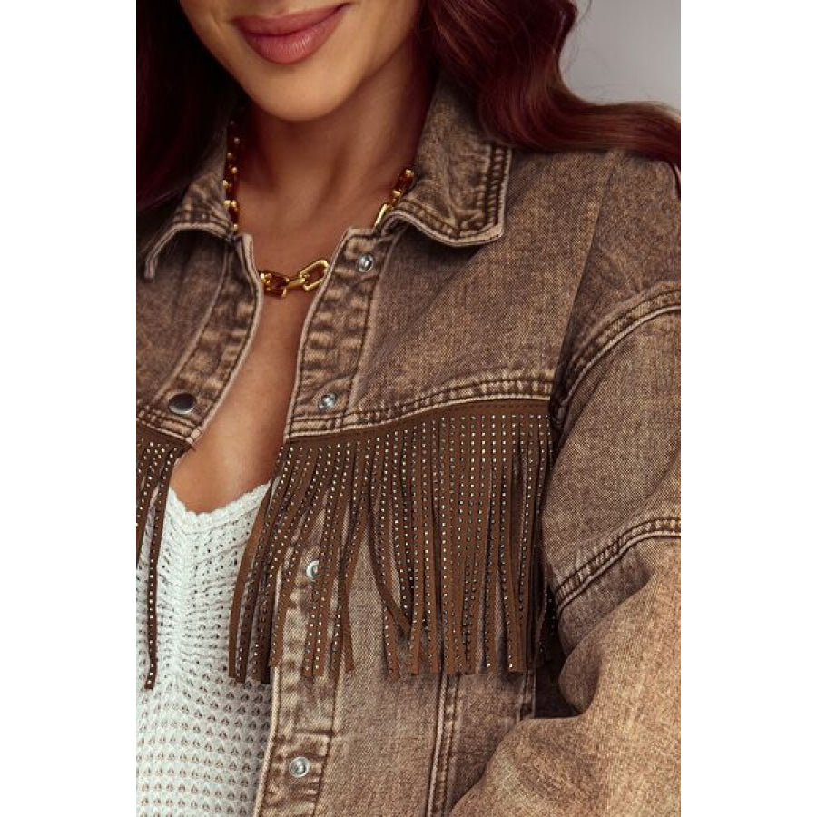 Fringe Trim Snap Down Denim Jacket Clothing