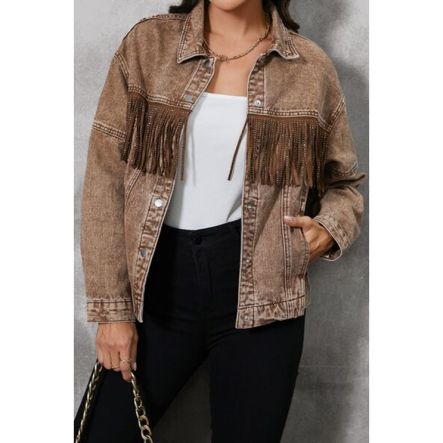 Fringe Trim Snap Down Denim Jacket Clothing