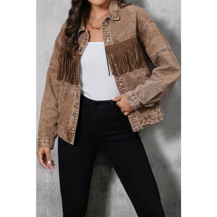 Fringe Trim Snap Down Denim Jacket Clothing