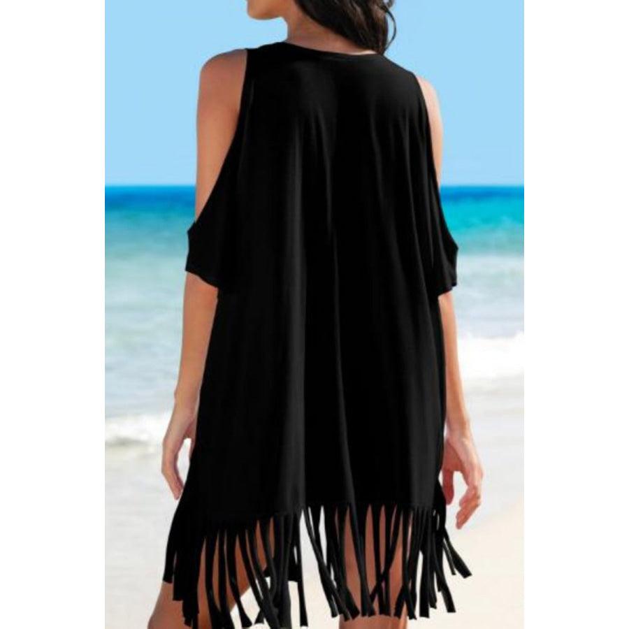 Fringe V - Neck Cold Shoulder Cover Up Apparel and Accessories
