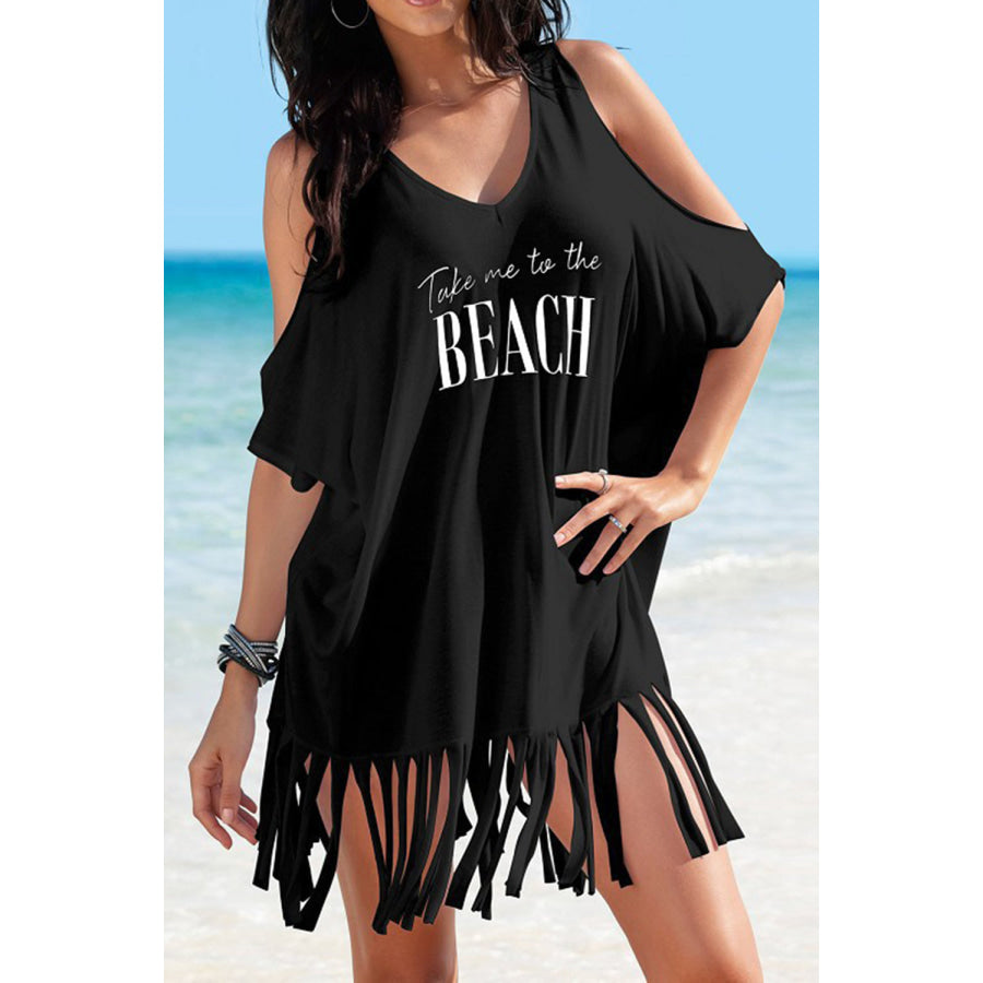 Fringe V - Neck Cold Shoulder Cover Up Black / One Size Apparel and Accessories