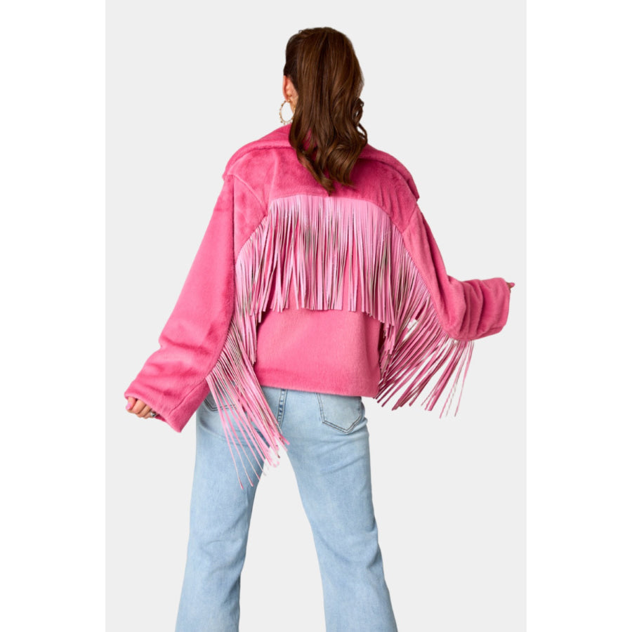 Fringed Zip Up Fleece Jacket Hot Pink / S Apparel and Accessories