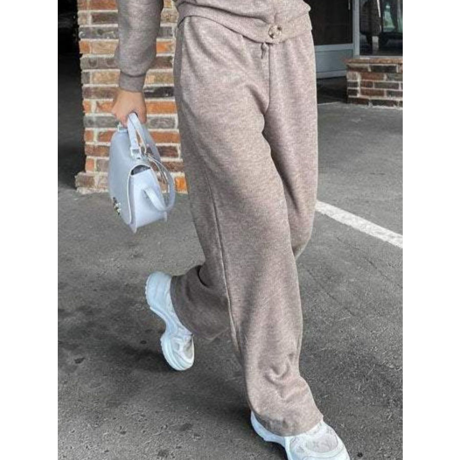 Full Size Button Up Long Sleeve Top and Pants Set Apparel and Accessories