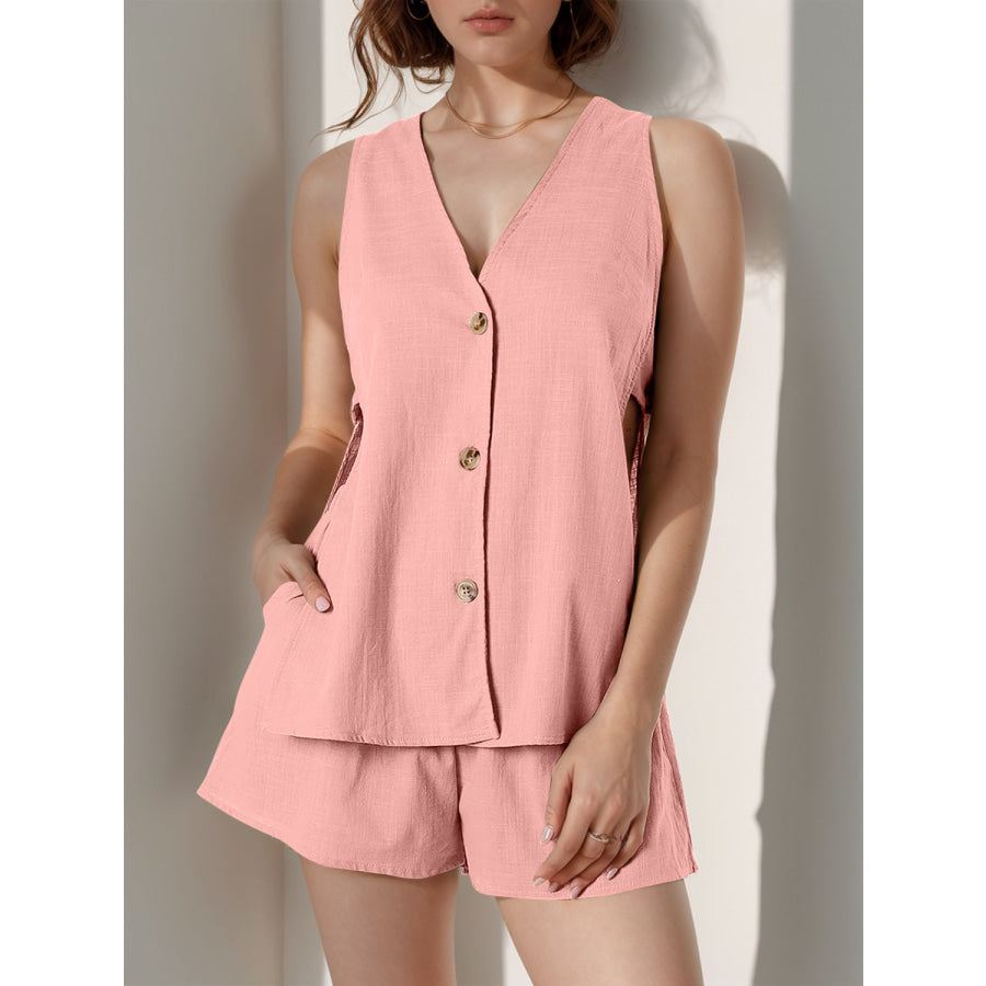 Full Size Button Up Top and Shorts Set Burnt Coral / L Apparel and Accessories