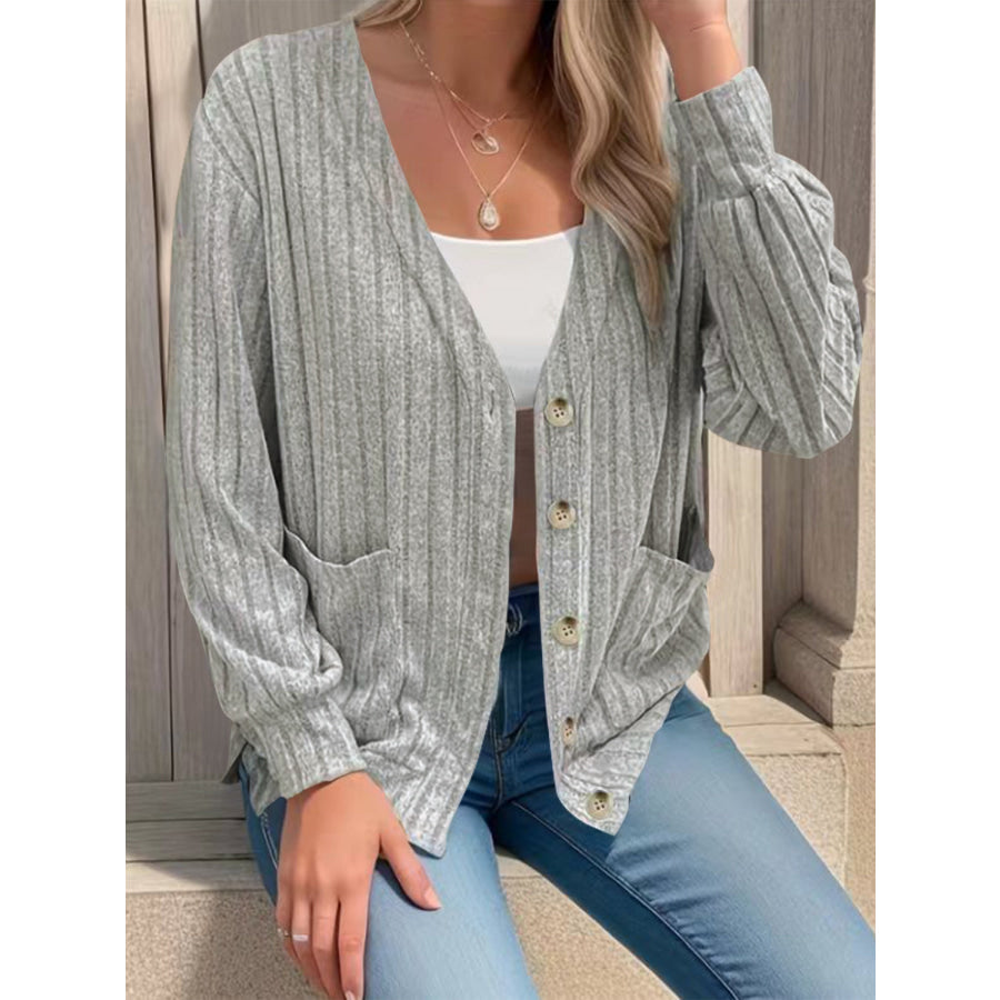 Full Size Button Up V-Neck Long Sleeve Cardigan Apparel and Accessories