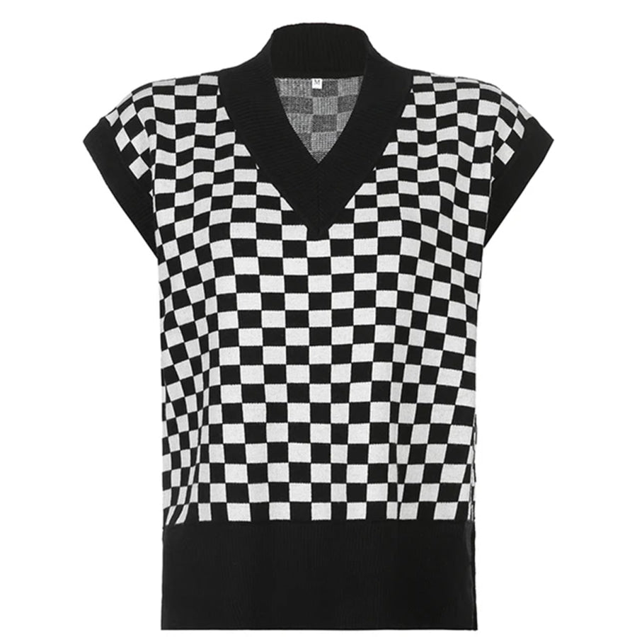 Full Size Checkered V-Neck Cap Sleeve Sweater Apparel and Accessories