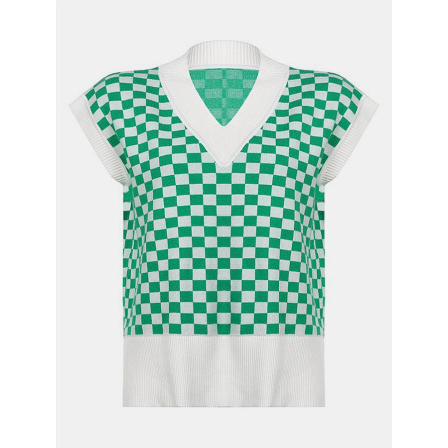 Full Size Checkered V-Neck Cap Sleeve Sweater Apparel and Accessories