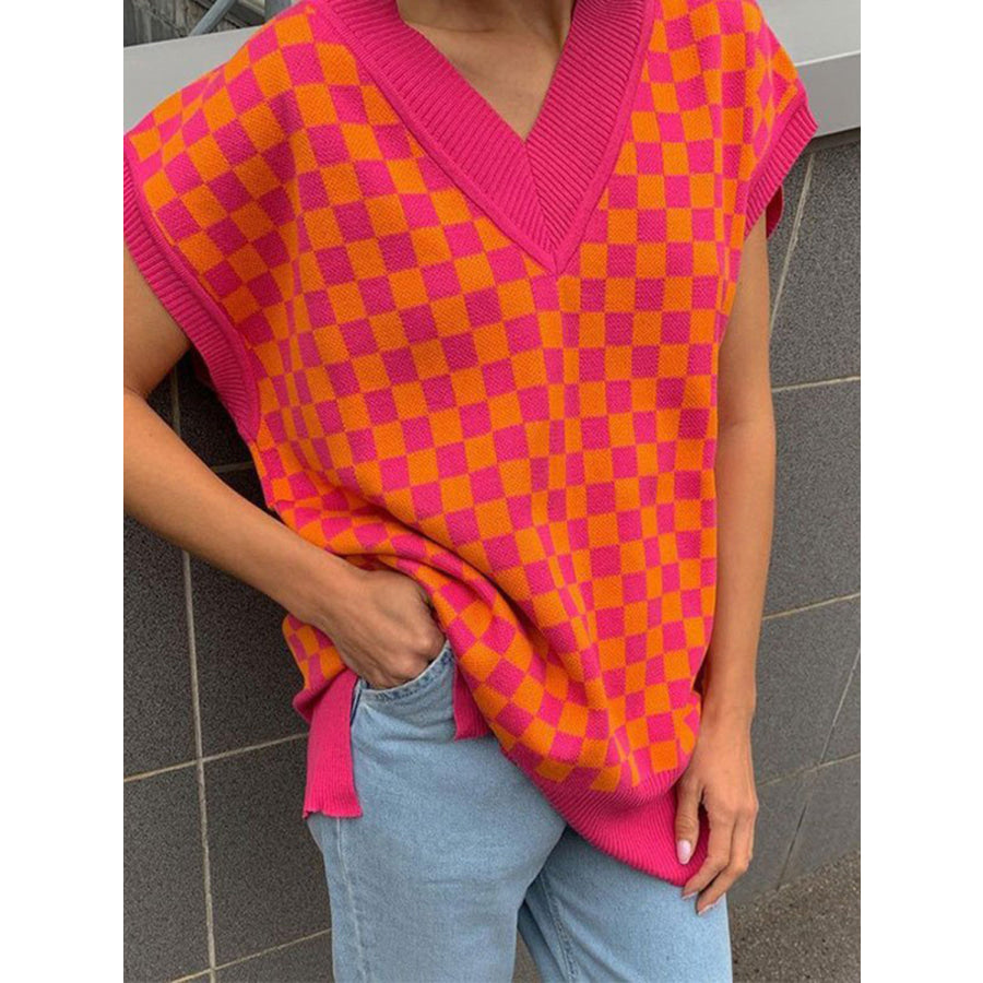 Full Size Checkered V-Neck Cap Sleeve Sweater Apparel and Accessories