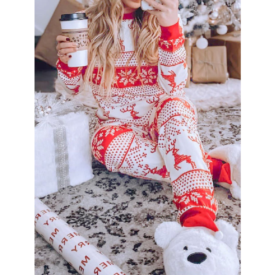 Full Size Christmas Element Round Neck Top and Pants Set Orange-Red / S Apparel and Accessories