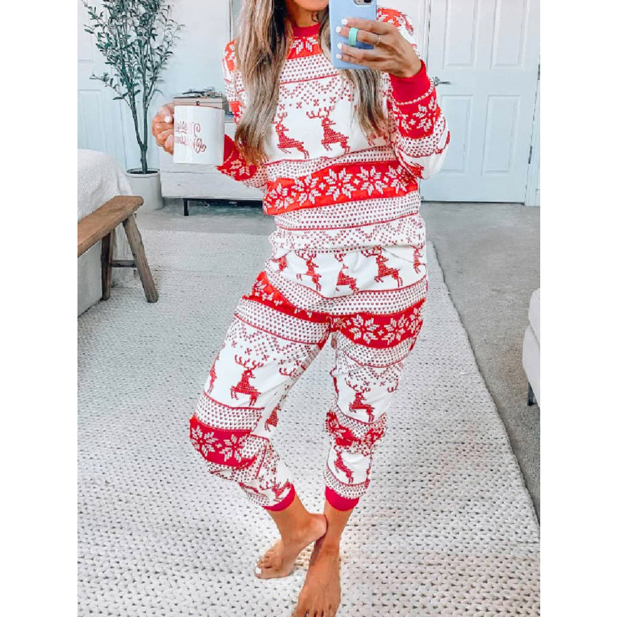 Full Size Christmas Element Round Neck Top and Pants Set Orange-Red / S Apparel and Accessories