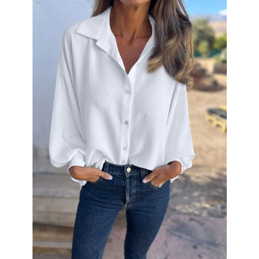 Full Size Collared Neck Long Sleeve Shirt White / S Apparel and Accessories