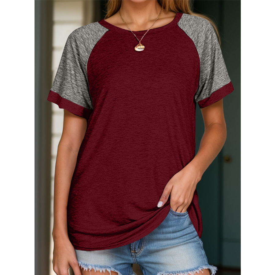 Full Size Contrast Round Neck Short Sleeve T-Shirt Apparel and Accessories