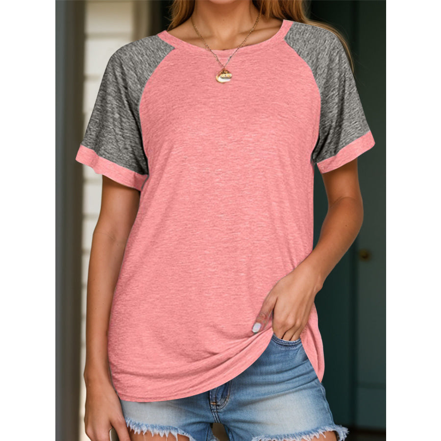 Full Size Contrast Round Neck Short Sleeve T-Shirt Apparel and Accessories