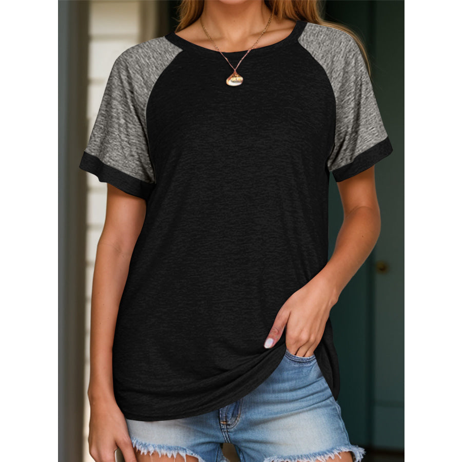 Full Size Contrast Round Neck Short Sleeve T-Shirt Black / S Apparel and Accessories