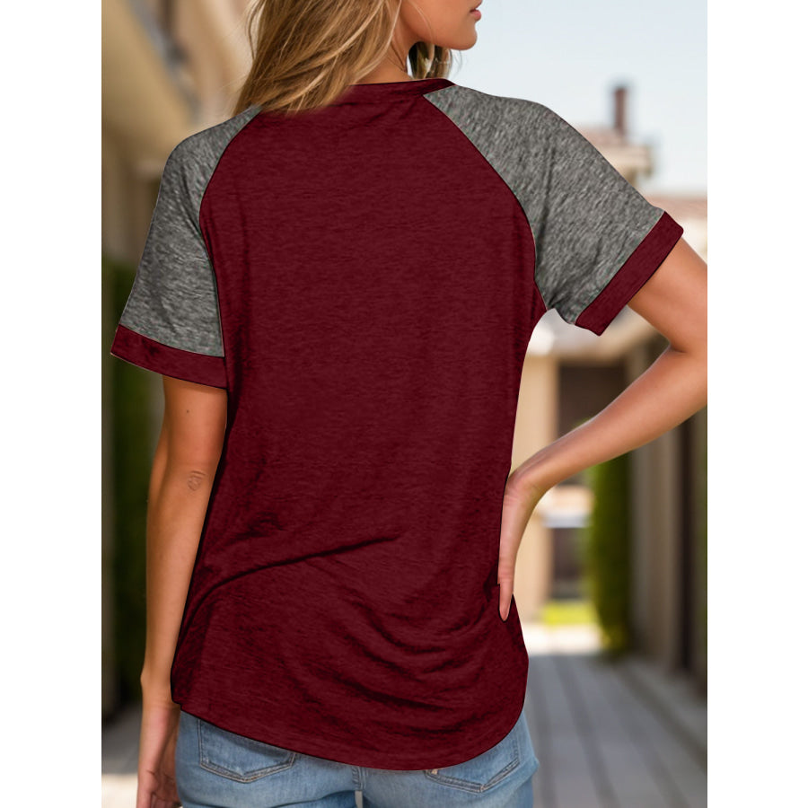 Full Size Contrast Round Neck Short Sleeve T-Shirt Burgundy / S Apparel and Accessories
