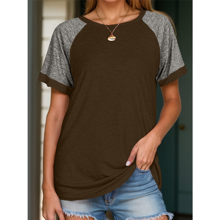 Full Size Contrast Round Neck Short Sleeve T-Shirt Olive Brown / S Apparel and Accessories