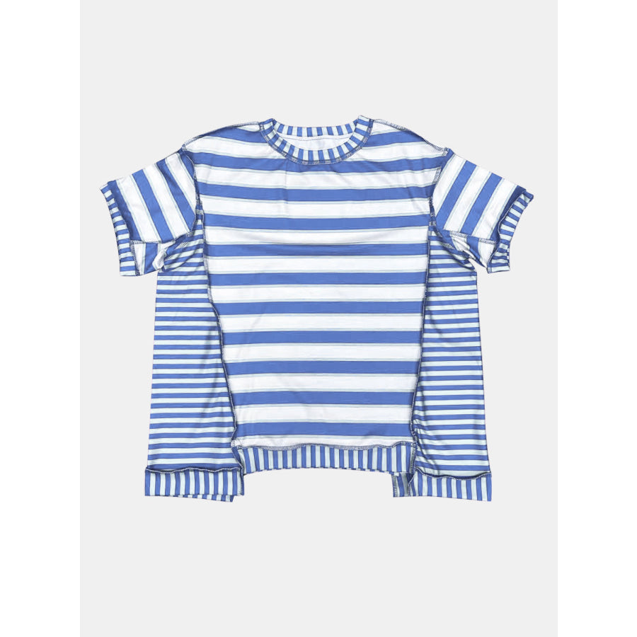 Full Size Contrast Stitching Striped Round Neck T-Shirt Apparel and Accessories