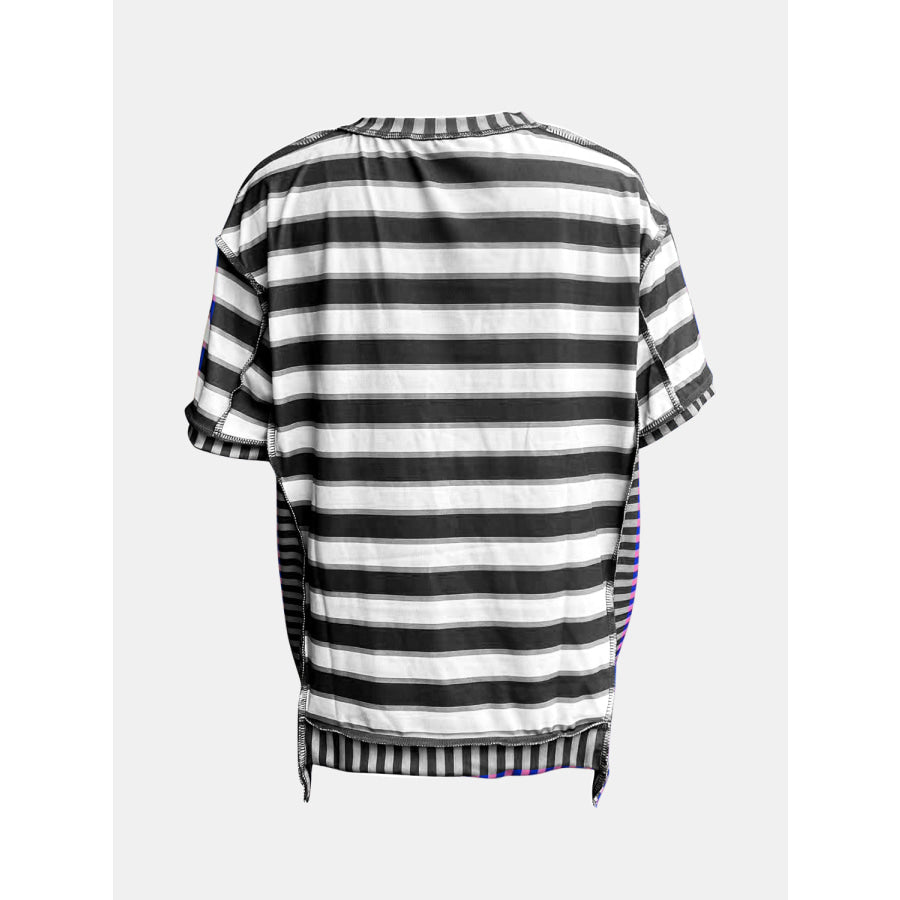 Full Size Contrast Stitching Striped Round Neck T-Shirt Apparel and Accessories