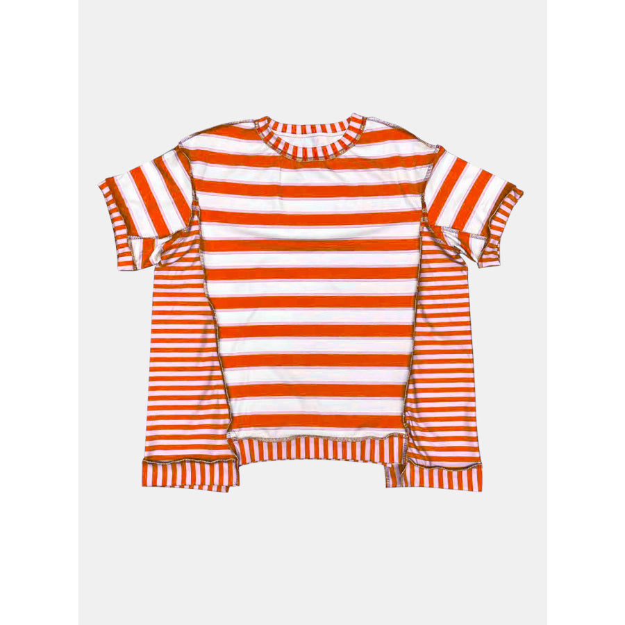 Full Size Contrast Stitching Striped Round Neck T-Shirt Apparel and Accessories