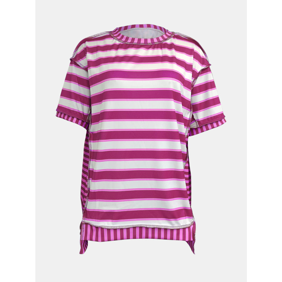 Full Size Contrast Stitching Striped Round Neck T-Shirt Apparel and Accessories
