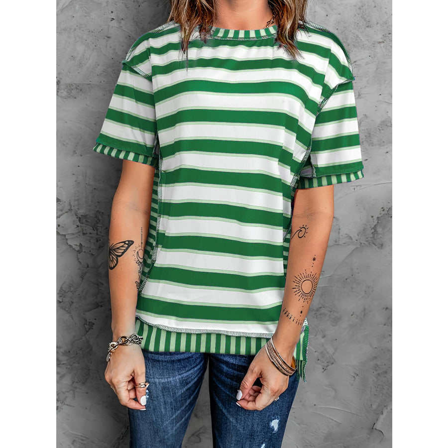 Full Size Contrast Stitching Striped Round Neck T-Shirt Apparel and Accessories