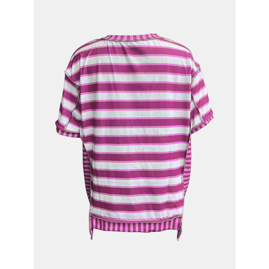 Full Size Contrast Stitching Striped Round Neck T-Shirt Apparel and Accessories