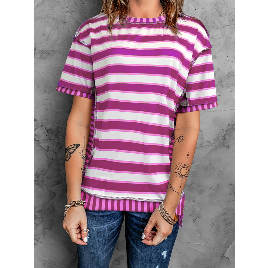 Full Size Contrast Stitching Striped Round Neck T-Shirt Apparel and Accessories