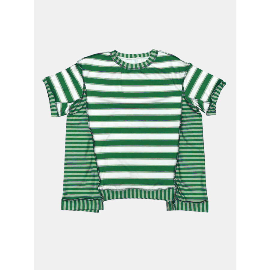 Full Size Contrast Stitching Striped Round Neck T-Shirt Apparel and Accessories