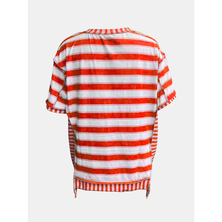 Full Size Contrast Stitching Striped Round Neck T-Shirt Apparel and Accessories