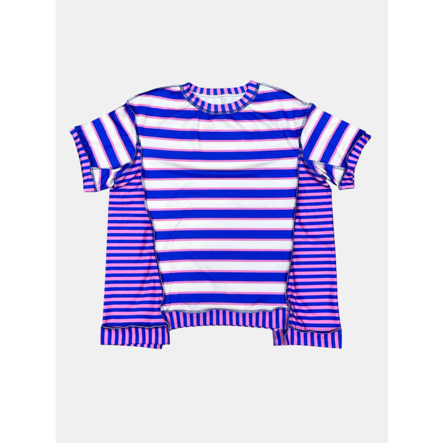 Full Size Contrast Stitching Striped Round Neck T-Shirt Apparel and Accessories