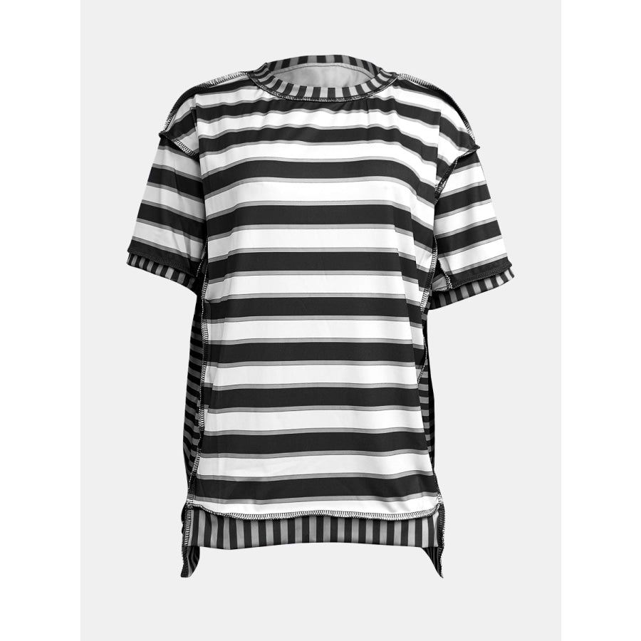 Full Size Contrast Stitching Striped Round Neck T-Shirt Apparel and Accessories
