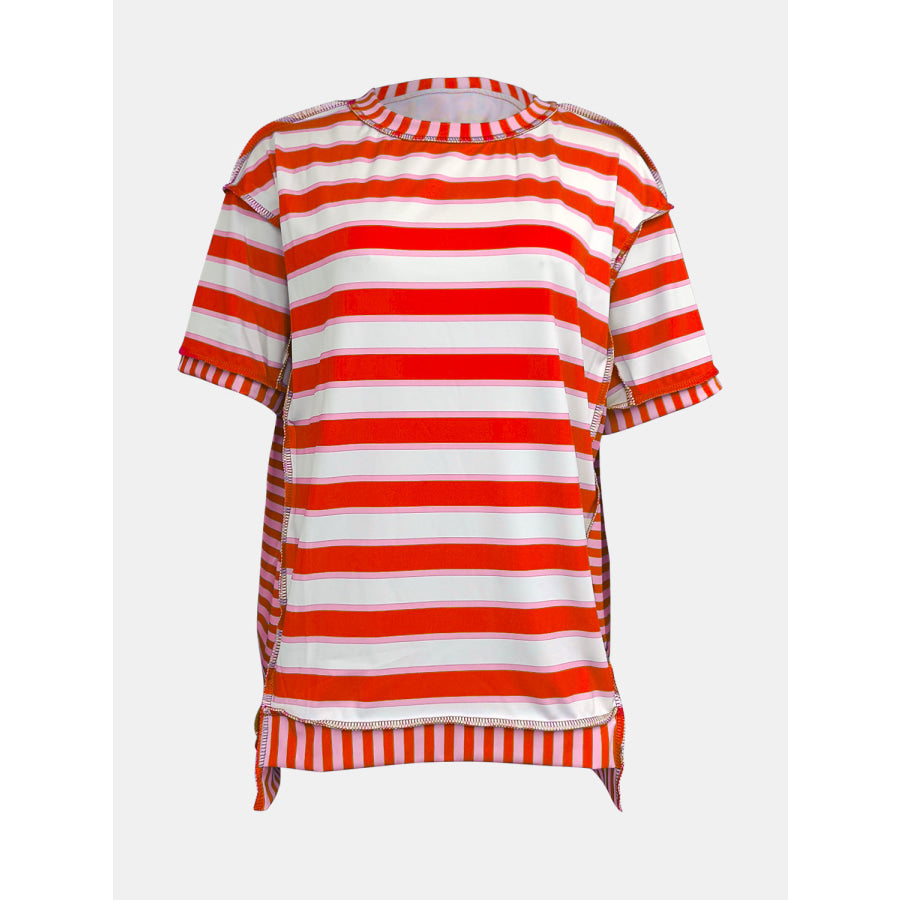 Full Size Contrast Stitching Striped Round Neck T-Shirt Apparel and Accessories
