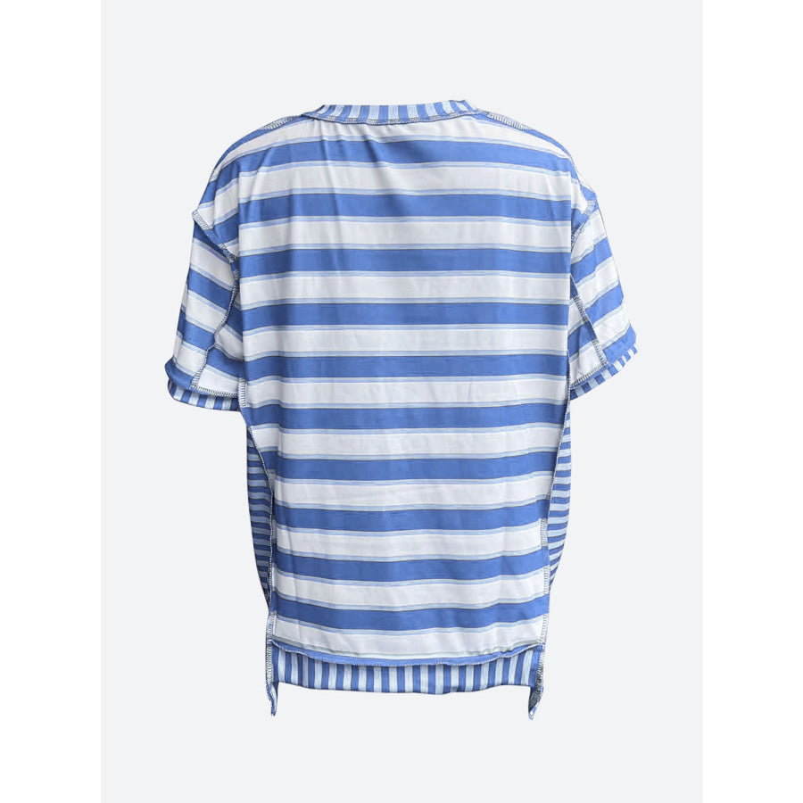 Full Size Contrast Stitching Striped Round Neck T-Shirt Apparel and Accessories