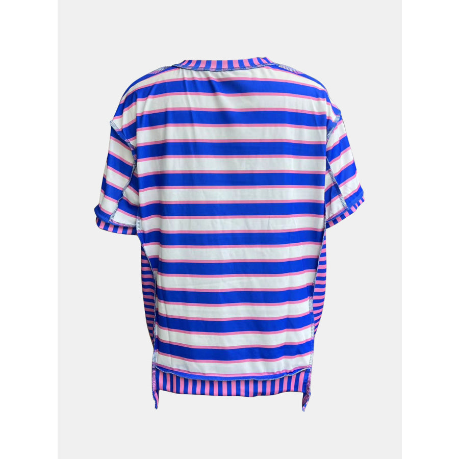 Full Size Contrast Stitching Striped Round Neck T-Shirt Apparel and Accessories