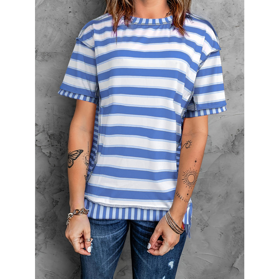 Full Size Contrast Stitching Striped Round Neck T-Shirt Apparel and Accessories