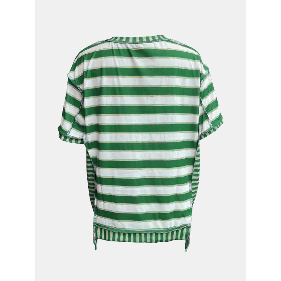 Full Size Contrast Stitching Striped Round Neck T-Shirt Apparel and Accessories