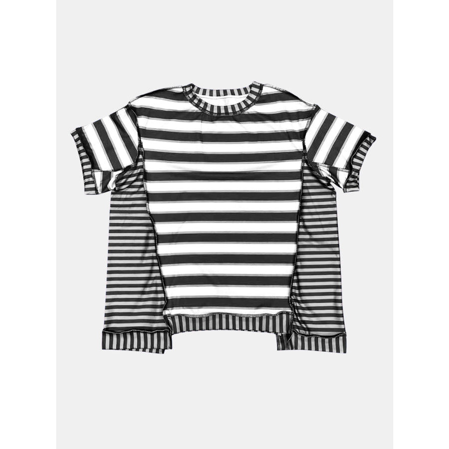 Full Size Contrast Stitching Striped Round Neck T-Shirt Black / S Apparel and Accessories