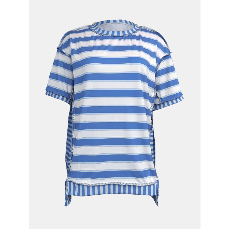 Full Size Contrast Stitching Striped Round Neck T-Shirt Blue / S Apparel and Accessories