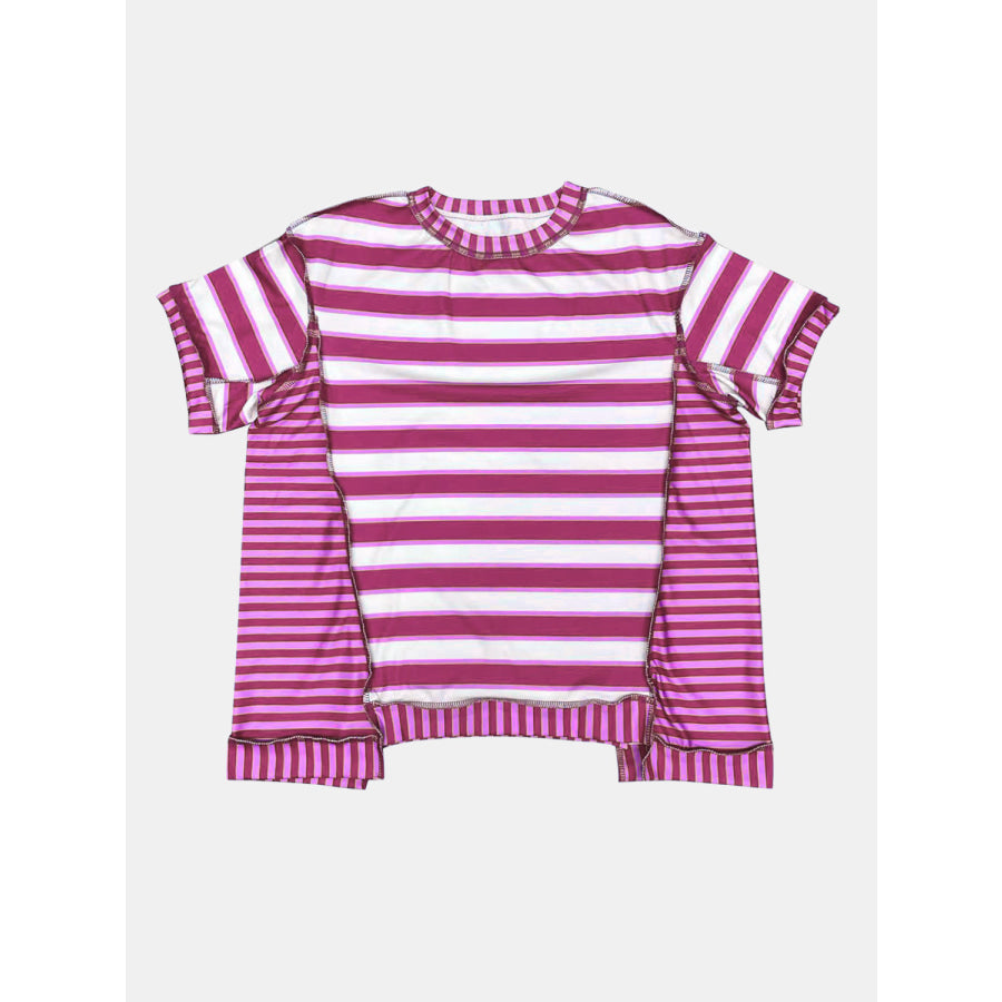 Full Size Contrast Stitching Striped Round Neck T-Shirt Deep Rose / S Apparel and Accessories