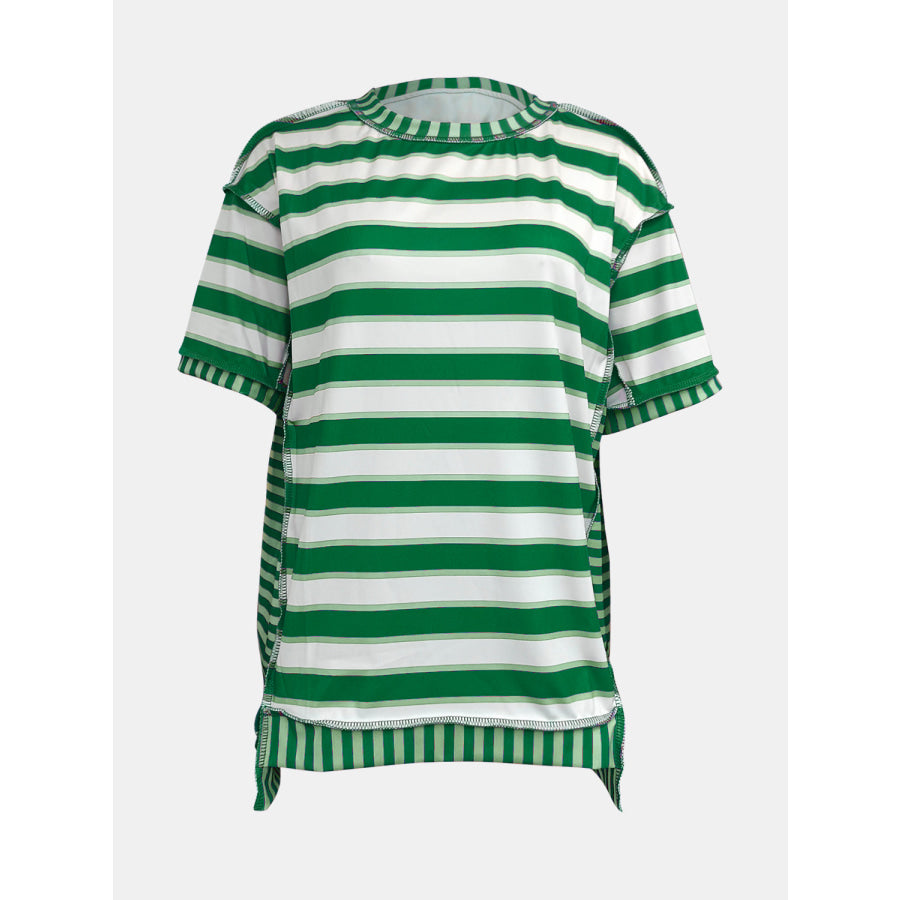 Full Size Contrast Stitching Striped Round Neck T-Shirt Green / S Apparel and Accessories