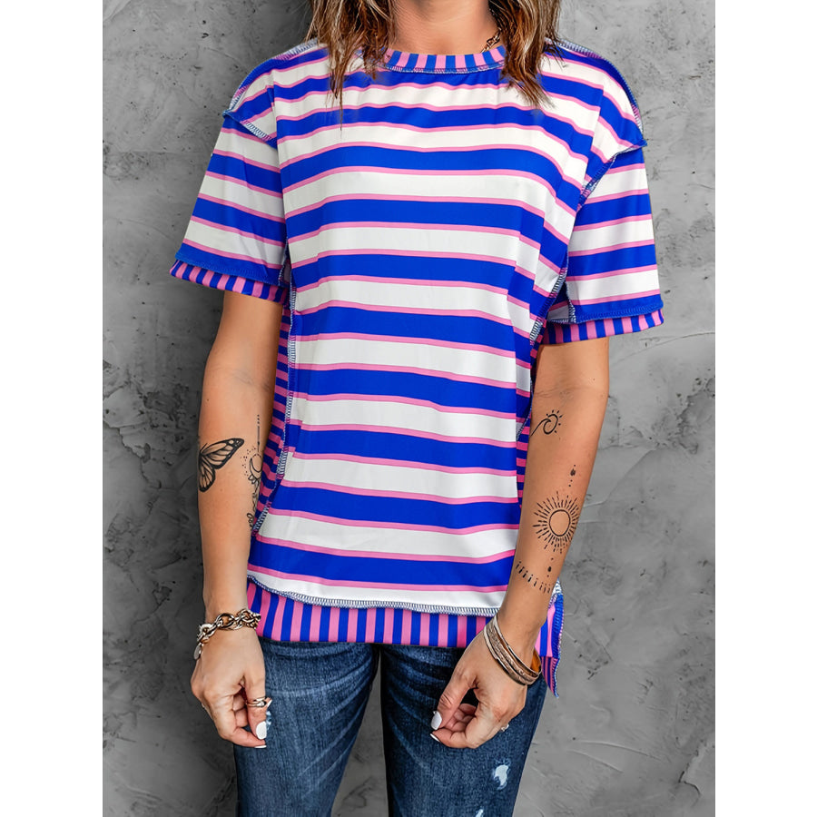 Full Size Contrast Stitching Striped Round Neck T-Shirt Heliotrope Purple / S Apparel and Accessories