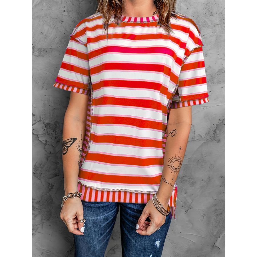 Full Size Contrast Stitching Striped Round Neck T-Shirt Red / S Apparel and Accessories