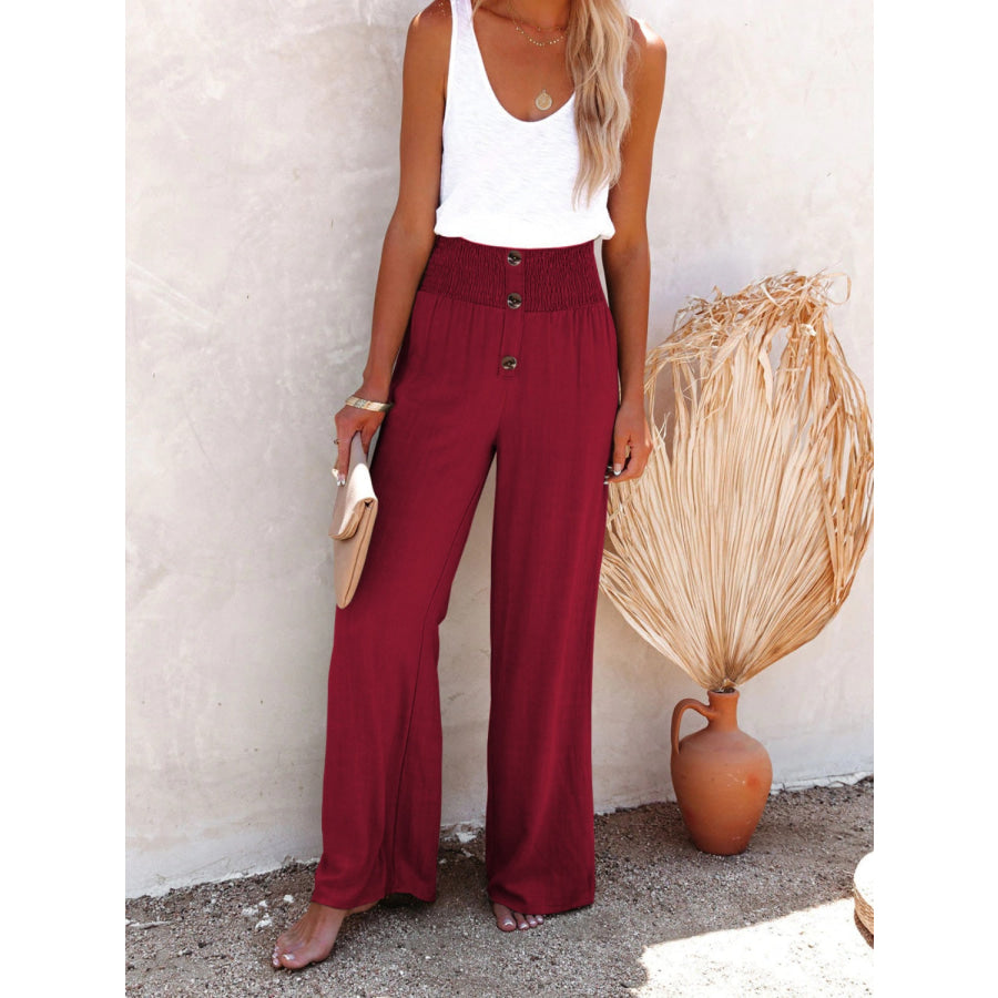 Full Size Decorative Button High Waist Pants Burgundy / S Apparel and Accessories