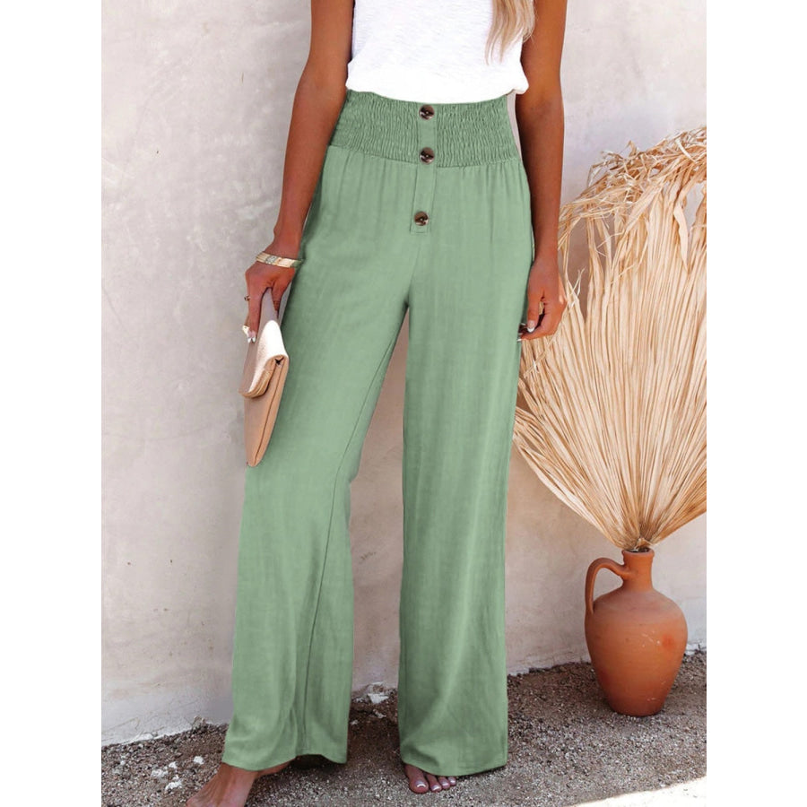 Full Size Decorative Button High Waist Pants Gum Leaf / S Apparel and Accessories