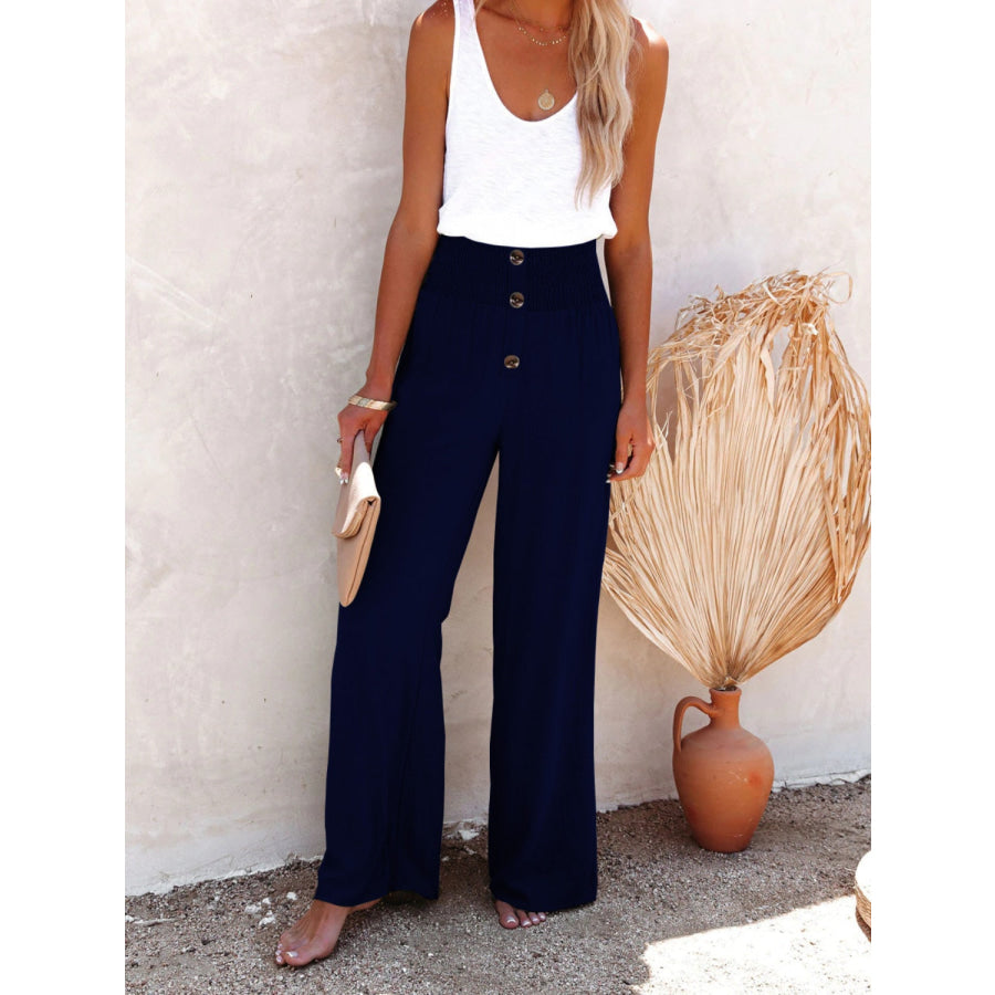 Full Size Decorative Button High Waist Pants Navy / S Apparel and Accessories