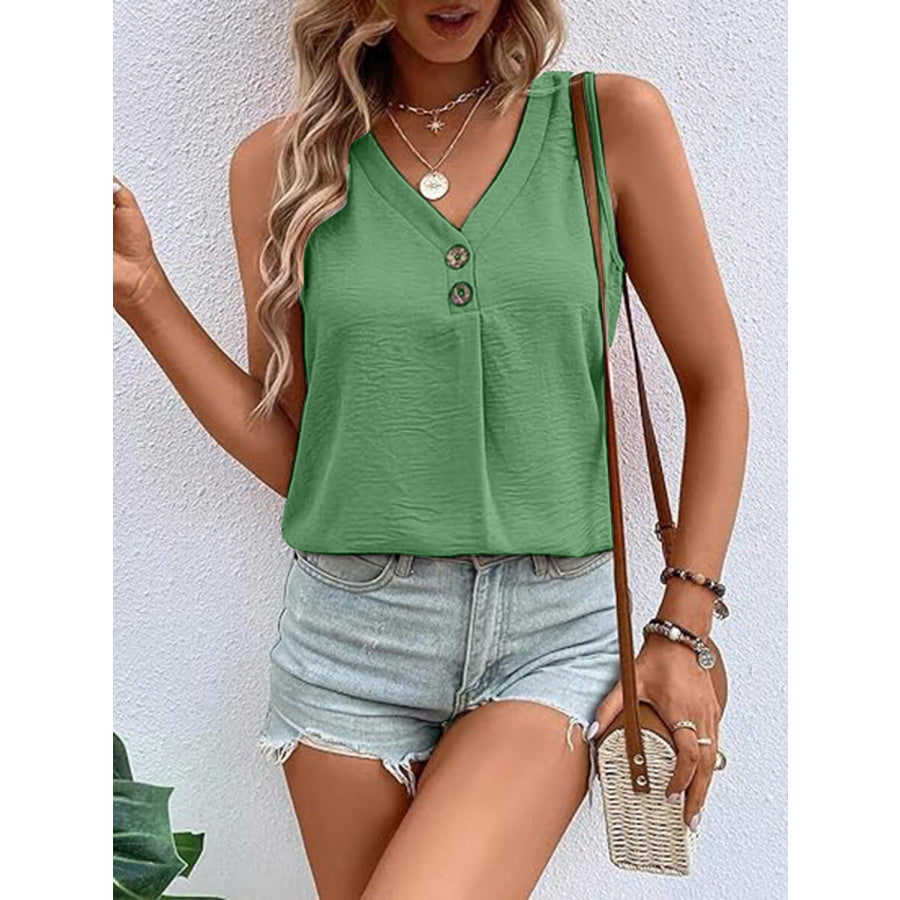 Full Size Decorative Button V - Neck Tank Mid Green / S Apparel and Accessories