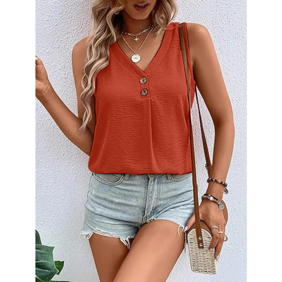Full Size Decorative Button V - Neck Tank Red Orange / S Apparel and Accessories